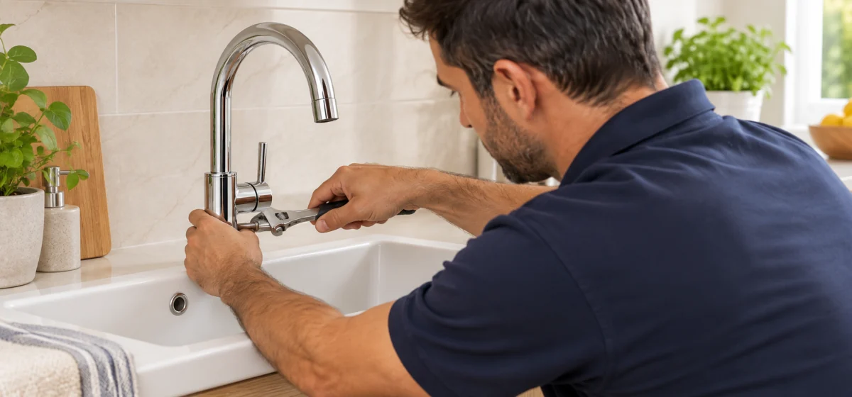 Técnico instalando un grifo moderno