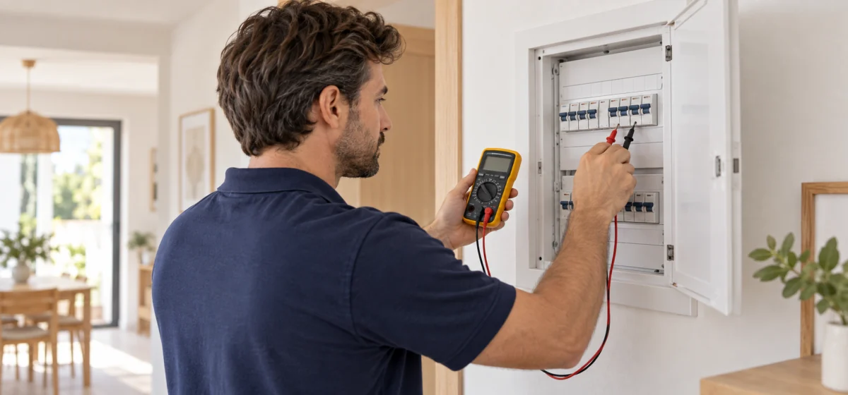 Electricista diagnosticando una avería en un cuadro eléctrico